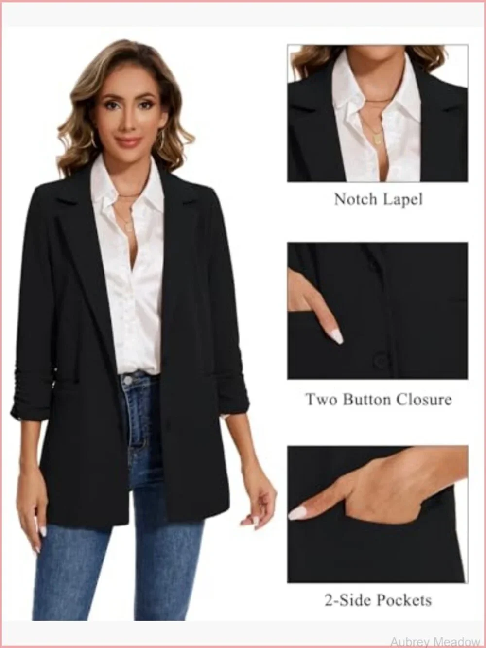 Women's Casual Long Blazer 3/4 Ruched Sleeve Lapel Button Front Work Blazer